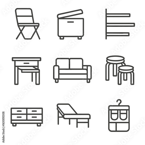 Compact Living Icons. Outline icon set of compact living solutions: foldable chairs, storage ottoman, modular