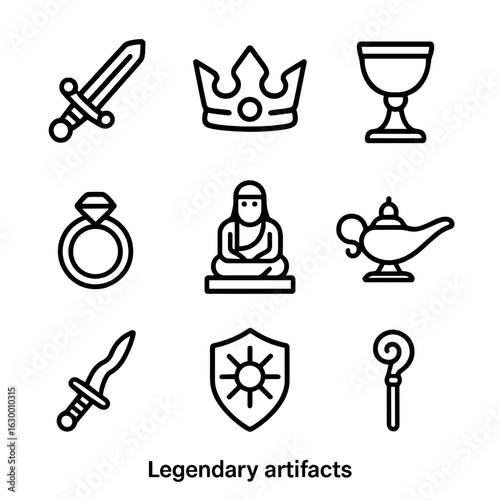 Legendary Artifacts Icons. Outline icon set of legendary artifacts: ancient sword, mystical crown, golden chalice, enchanted ring,