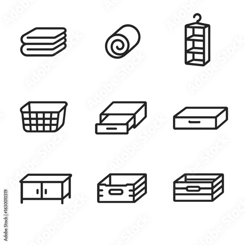 Storage Solution Icons. Outline icon set of organization methods: fold stack, roll bundle, hang organizer, vacuum seal, open