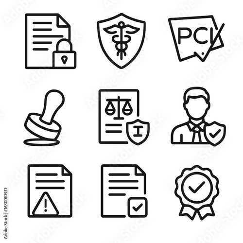 Compliance Icon Set. Outline icon set of Compliance and regulation in data security: GDPR document, HIPAA