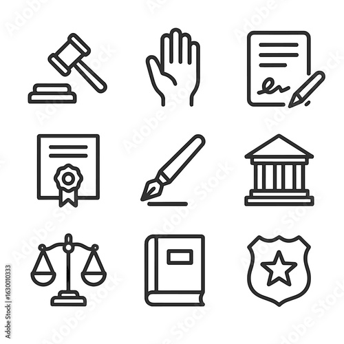Legal Icons Set. Outline icon set of oath taking: judge gavel, oath hand raised, legal document, certificate, pen, courthouse,
