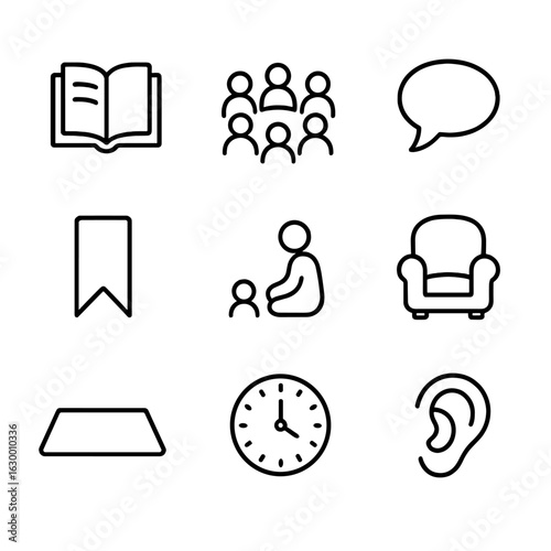 Storytime Icon Set. Outline icon set of storytime reading circle: open storybook, children sitting semicircle, teacher silhouette,