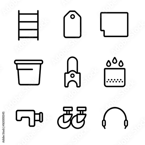 Storage Icon Set. Outline icon set of storage accessories: shelf unit, label tag, divider panel, stackable bin, cord clip,