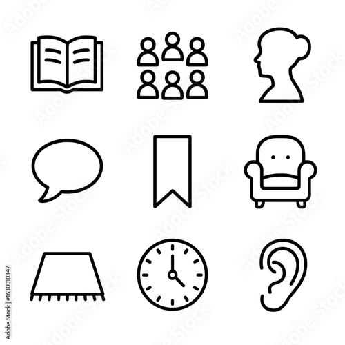 Storytime Icon Set. Outline icon set of storytime reading circle: open storybook, children sitting semicircle, teacher silhouette,