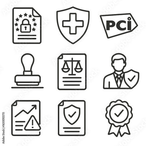 Compliance Icon Set. Outline icon set of Compliance and regulation in data security: GDPR document, HIPAA