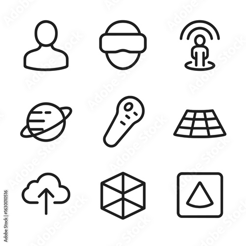 Virtual Space Icons. Outline icon set of virtual space: avatar, VR headset, hologram, digital planet, virtual reality controller,