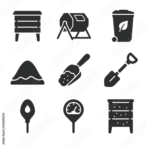 Compost System Icons. Solid, filled icons set of natural compost systems: compost bin, rotating composter,