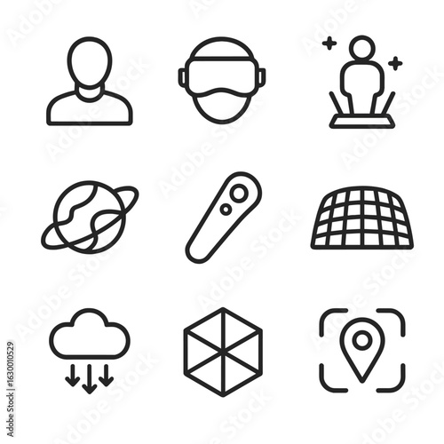 Virtual Space Icons. Outline icon set of virtual space: avatar, VR headset, hologram, digital planet, virtual reality controller,