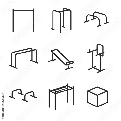 Street Workout Icons. Outline icon set of street workout equipment: pull-up bar, dip station, push-up handles, parallel dip bars,