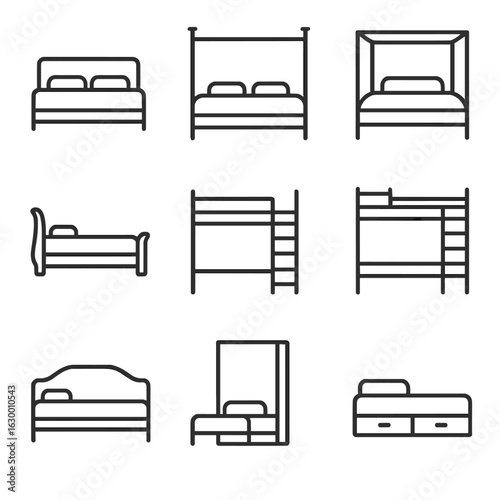 Stylish Bed Icon Set. Outline icon set of bed frame styles: platform bed, four-poster bed, canopy bed, sleigh bed, loft bed, bunk