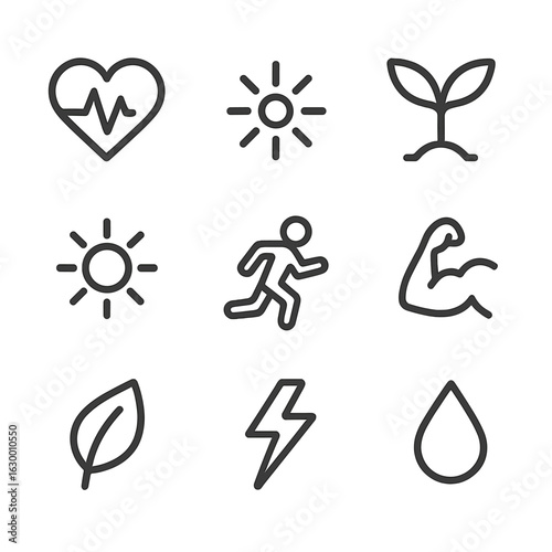 Vitality Icon Set. Outline icon set of vitality: heart pulse, energy burst, growing plant, sun rays, running person, muscle arm,