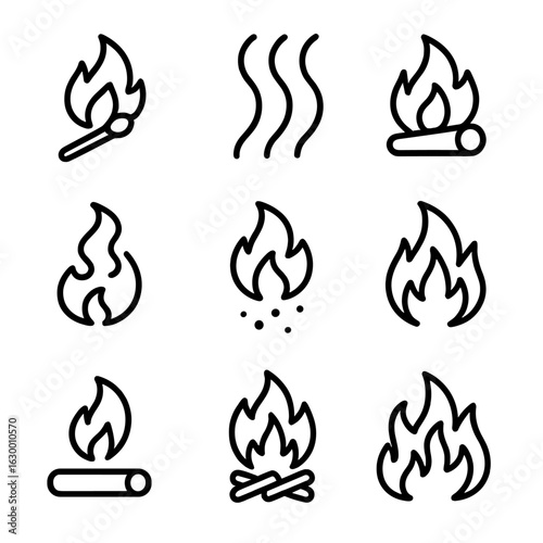 Fire Concept Icons. Outline icon set of fire concepts: ignition, heat waves, combustion, smoke, ash, blaze, smoldering, pyre,