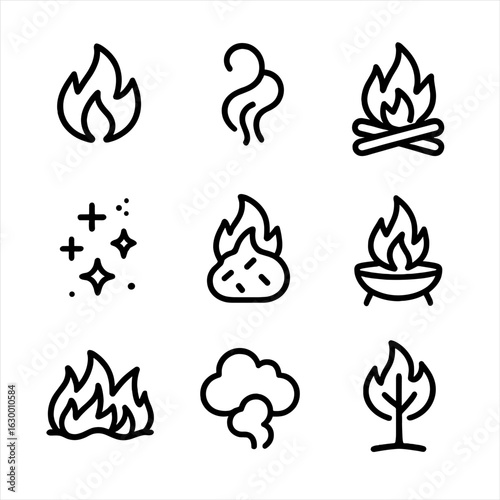Fire Icon Set. Outline icon set of consuming fire: flames, smoke, burning logs, sparks, ember, fire pit, wildfire, smoke cloud,