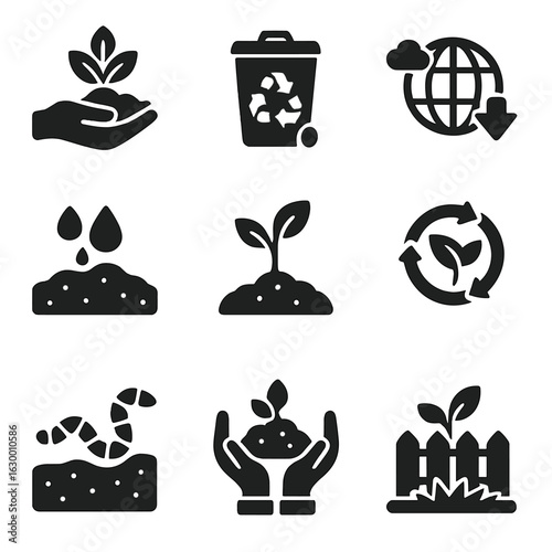Composting Benefits Icons. Solid, filled icons set of benefits of composting: soil fertility, waste reduction,