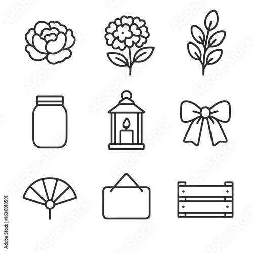 Summer Floral Icons. Outline icon set of summer floral and décor accents: peony bloom, hydrangea cluster, eucalyptus branch, mason