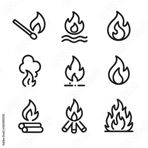 Fire Concept Icons. Outline icon set of fire concepts: ignition, heat waves, combustion, smoke, ash, blaze, smoldering, pyre,