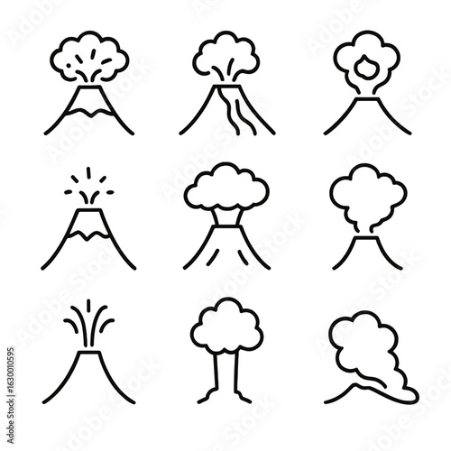 Volcanic Eruption Icons. Outline icon set of volcanic eruption types: explosive eruption, effusive eruption, phreatic eruption,