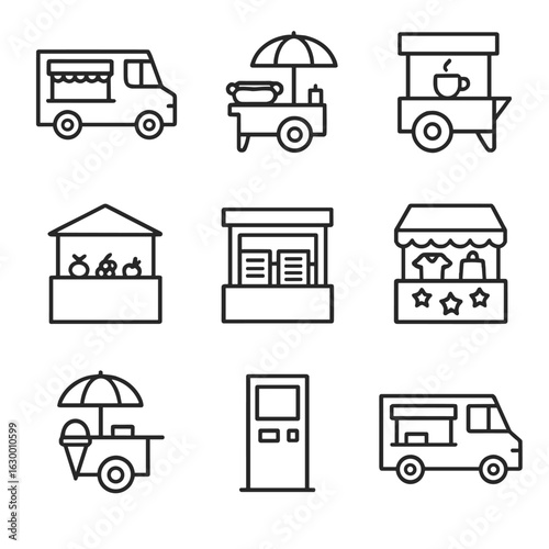 Street Vendor Icon Set. Outline icon set of street vendor stalls: food truck profile, hot dog stand, coffee cart, fruit market