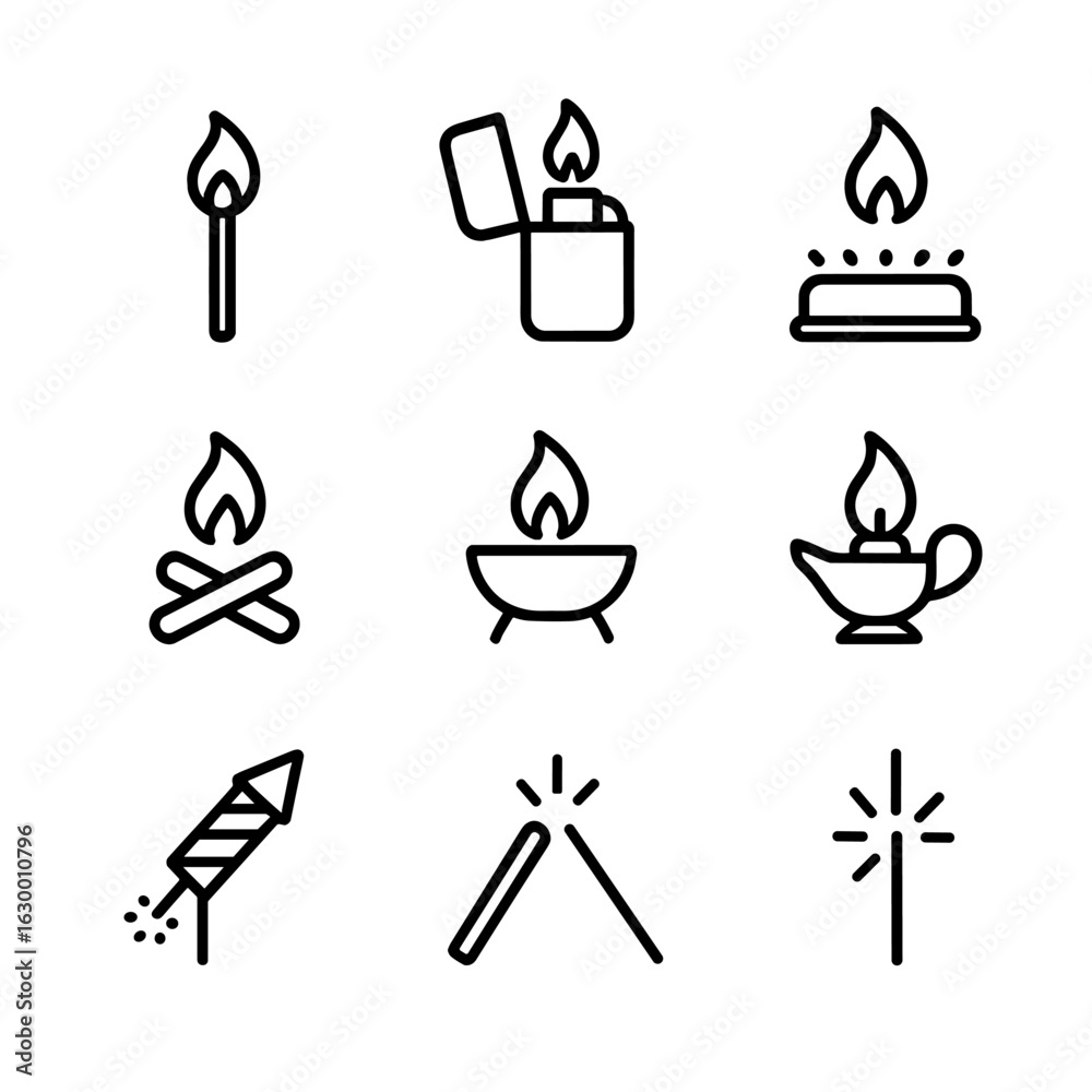 Fototapeta premium Fire Source Icons. Outline icon set of fire sources: matchstick, lighter, gas burner, wood logs, fire pit, oil lamp, firework,