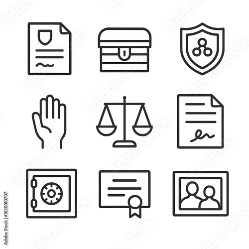 Lineage Icon Set. Outline icon set of lineage and inheritance: will document, inheritance chest, family crest, heir’s hand, legal