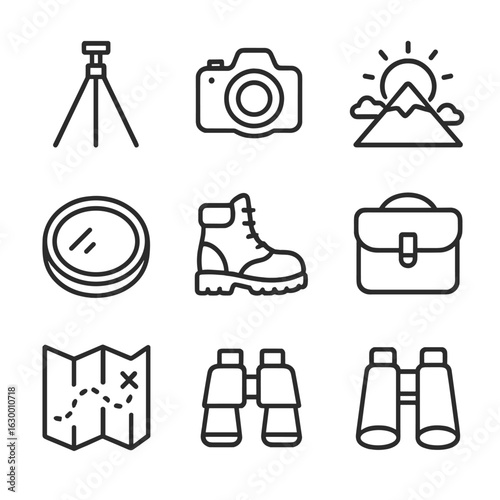Sunrise Photography Icons. Outline icon set of sunrise mountain photography expeditions: tripod, DSLR camera, mountain peak,
