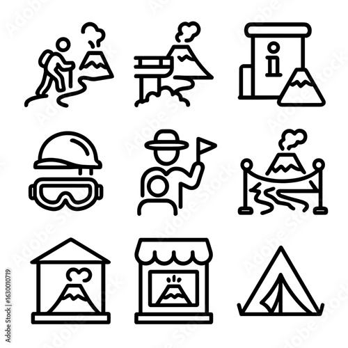 Volcano Activity Icons. Outline icon set of volcanic cone tourist activities: hiking trail, viewpoint, information center, safety