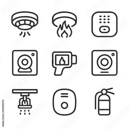 Fire Safety Icon Set. Outline icon set of flashpoint detection devices: smoke detector, heat sensor, gas detector, fire alarm,
