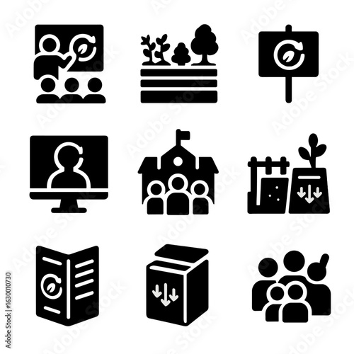 Composting Education Icons. Solid, filled icons set of composting education and outreach: workshops, community