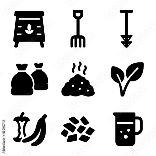Composting Equipment Icons. Solid, filled icons set of composting equipment and materials: compost bin, garden