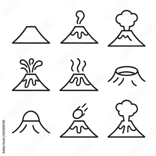 Volcano Eruption Stages. Outline icon set of volcanic eruption stages: dormant volcano, fumarole, ash plume, lava eruption, lava