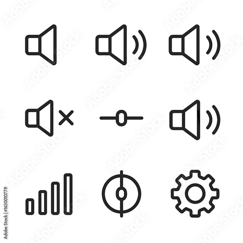 Volume and Workflow Icons. Outline icon set of volume control: speaker icon, volume up button, volume down button, mute icon,