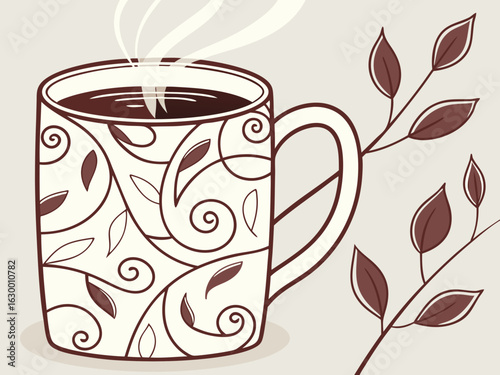 Vibrant coffee mug with colorful beans design, perfect for branding. A stylized illustration of a coffee mug filled with steaming coffee, featuring a vibrant pattern of coffee beans in various colors.