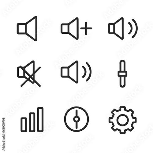 Volume and Workflow Icons. Outline icon set of volume control: speaker icon, volume up button, volume down button, mute icon,