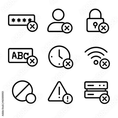 Login Error Icons. Outline icon set of login error states: incorrect password, user not found, account locked, captcha failed,