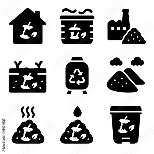 Composting Methods Icons. Solid, filled icons set of composting types: home composting, vermicomposting,