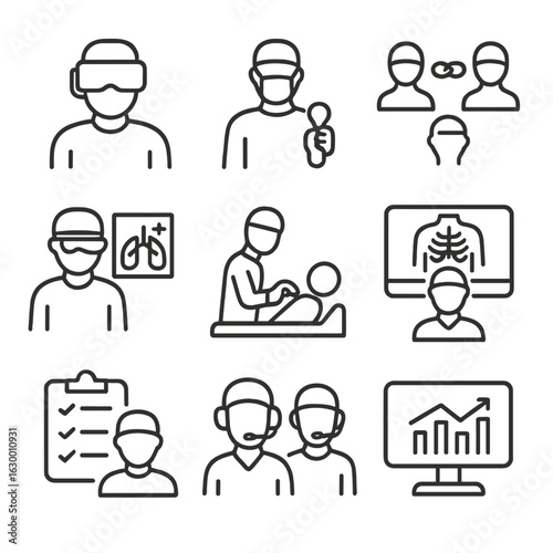 Surgeon Training Icon Set. Outline icon set of surgeon interaction and training: 3D viewer headset, control joystick, telemedicine