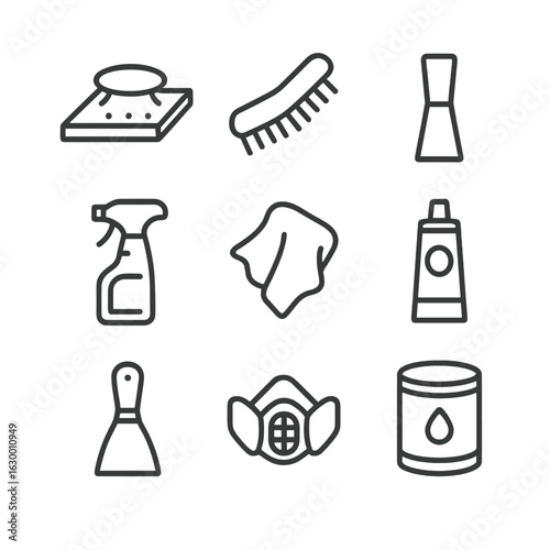 Surface Preparation Icons. Outline icon set of surface preparation steps: sanding pad, wire brush, scraper, cleaning spray bottle,