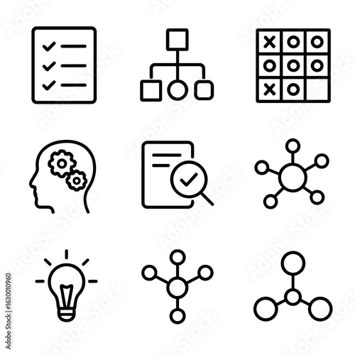 Logic Icon Set. Outline icon set of clue analysis and logic: checklist, flowchart, logic puzzle, brain with gears, deduction,
