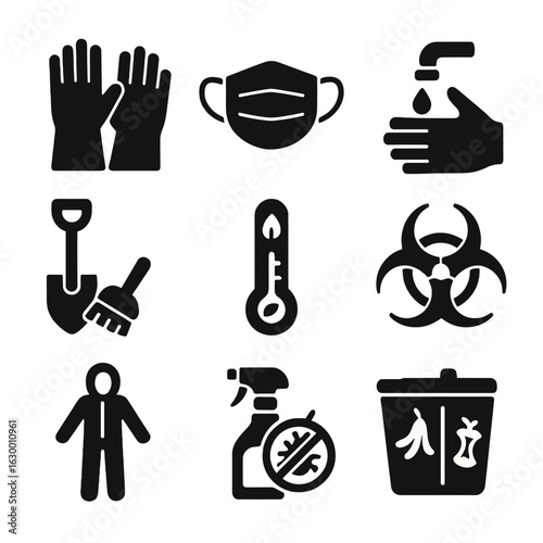 Composting Safety Icons. Solid, filled icons set of composting safety and hygiene: gloves, mask, hand washing,