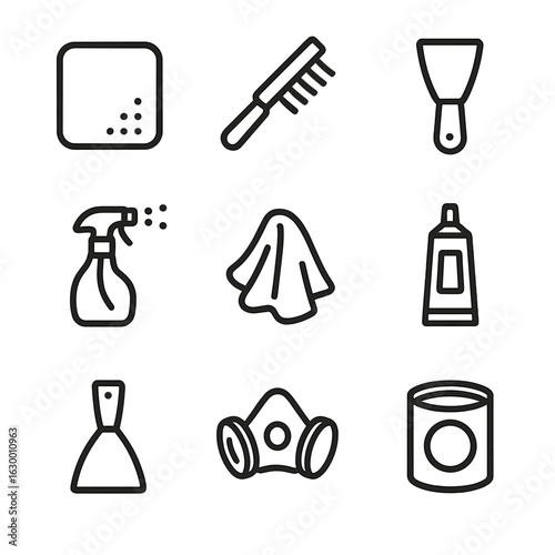 Surface Preparation Icons. Outline icon set of surface preparation steps: sanding pad, wire brush, scraper, cleaning spray bottle,