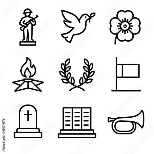 War and Peace Icons. Outline icon set of war and peace monuments: soldier statue, peace dove, poppy flower, eternal flame, victory