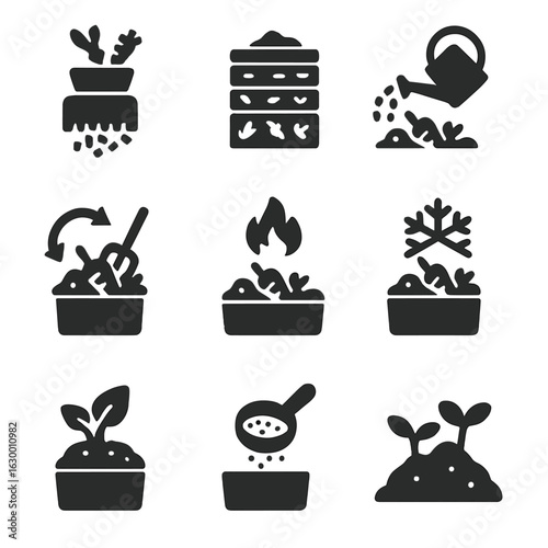 Composting Process Icons. Solid, filled icons set of composting process stages: shredding, layering, watering,