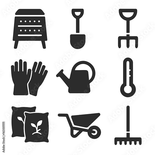 Composting Tools Icons. Solid, filled icons set of composting tools and accessories: compost bin, shovel,