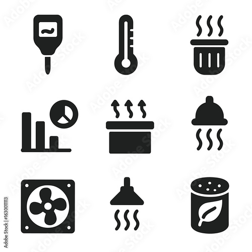 Composting Tools Icons. Solid, filled icons set of composting monitoring tools: pH meter, temperature gauge,