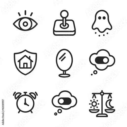 Lucid Dreaming Icons. Outline icon set of lucid dreaming vs nightmare: awareness eye open, dream control joystick, nightmare fade