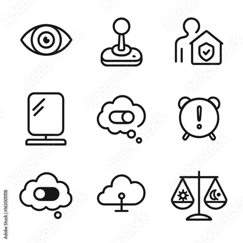 Lucid Dreaming Icons. Outline icon set of lucid dreaming vs nightmare: awareness eye open, dream control joystick, nightmare fade