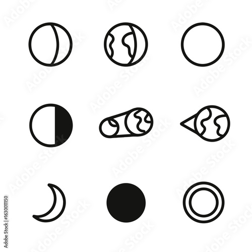 Lunar Eclipse Icons. Outline icon set of lunar eclipse stages: partial eclipse, total eclipse, penumbra, umbra, moon shadow, earth