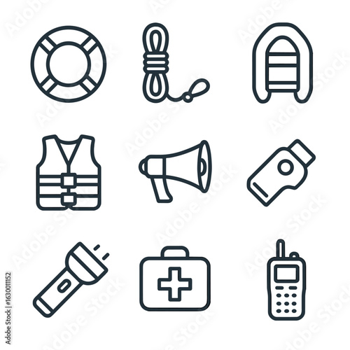 Water Rescue Icon Set. Outline icon set of deluge water rescue tools: lifebuoy, rescue rope, inflatable boat, life vest, megaphone