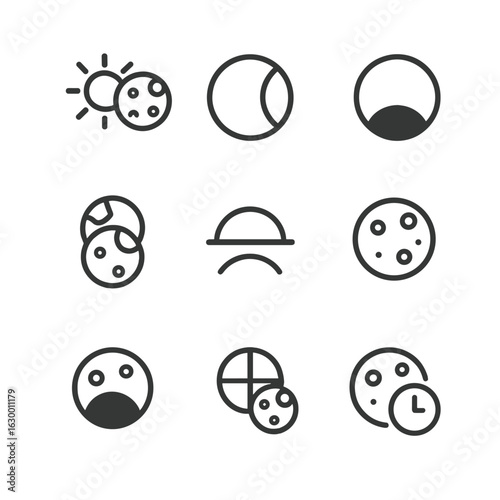 Lunar Eclipse Icon Set. Outline icon set of lunar eclipse: penumbral phase, partial eclipse, total eclipse, moon behind Earth,