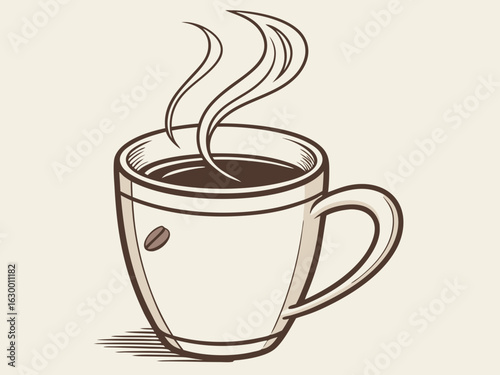 Vibrant coffee mug with colorful beans design, perfect for branding. A stylized illustration of a coffee mug filled with steaming coffee, featuring a vibrant pattern of coffee beans in various colors.